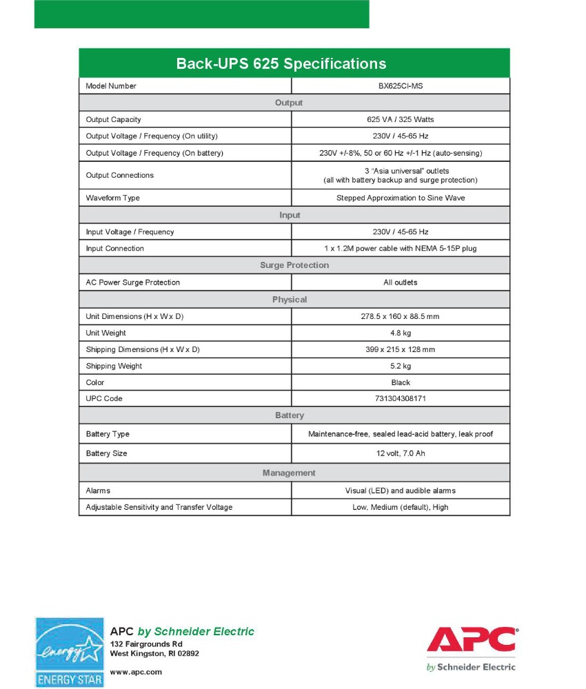เครื่องสำรองไฟ APC Back-UPS 625VA 325Watts BX625CI-MS แพ็คคู่ | Lazada